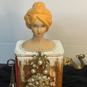 Antique porcelain doll assemblage decor figure black pepper tin one of‎ a kind